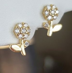 18KT GOLD VERMEIL OVER 925 STERLING SILVER CRYSTAL DIAMOND CZ FLOWER STUDS☆NEW